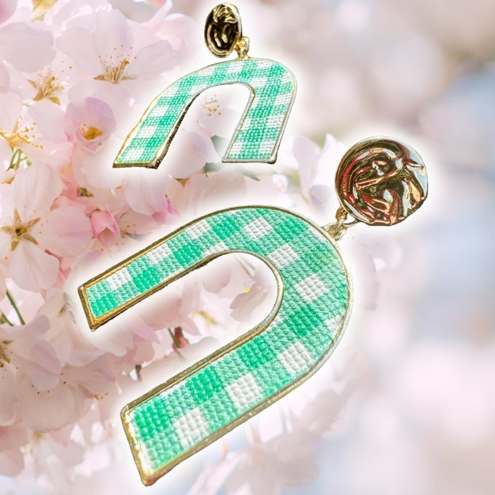NEW Gold & Green Checkered Print U Shape Drop Earrings